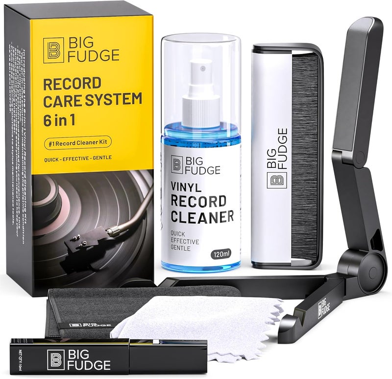 BIG FUDGE Complete Vinyl Record Cleaning Kit - 6-in-1 Vinyl Cleaner - incl. Carbon Fiber Brush, Stylus Cleaner, Drying Stand, Microfiber Cloth & Towel - Record Player Accessories - Image 1